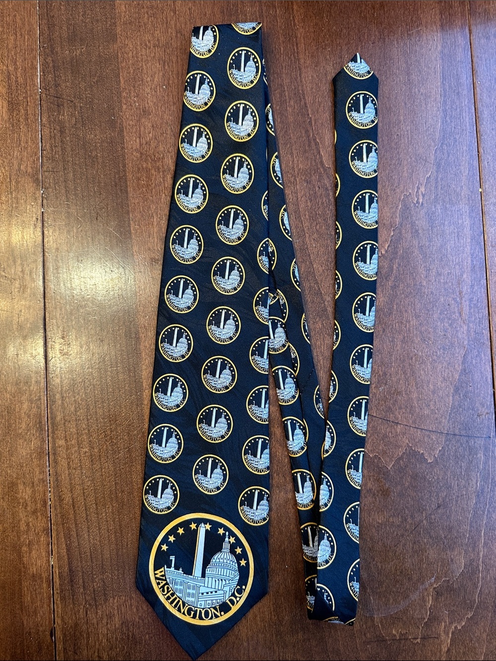 Washington D.C. Novelty Black Silk Tie with Gold & Light Blue Seal Motif